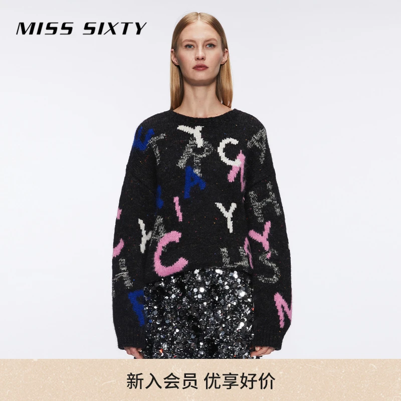 Miss Sixty冬季新款针织衫女撞色字母彩点慵懒百搭花式纱毛衣