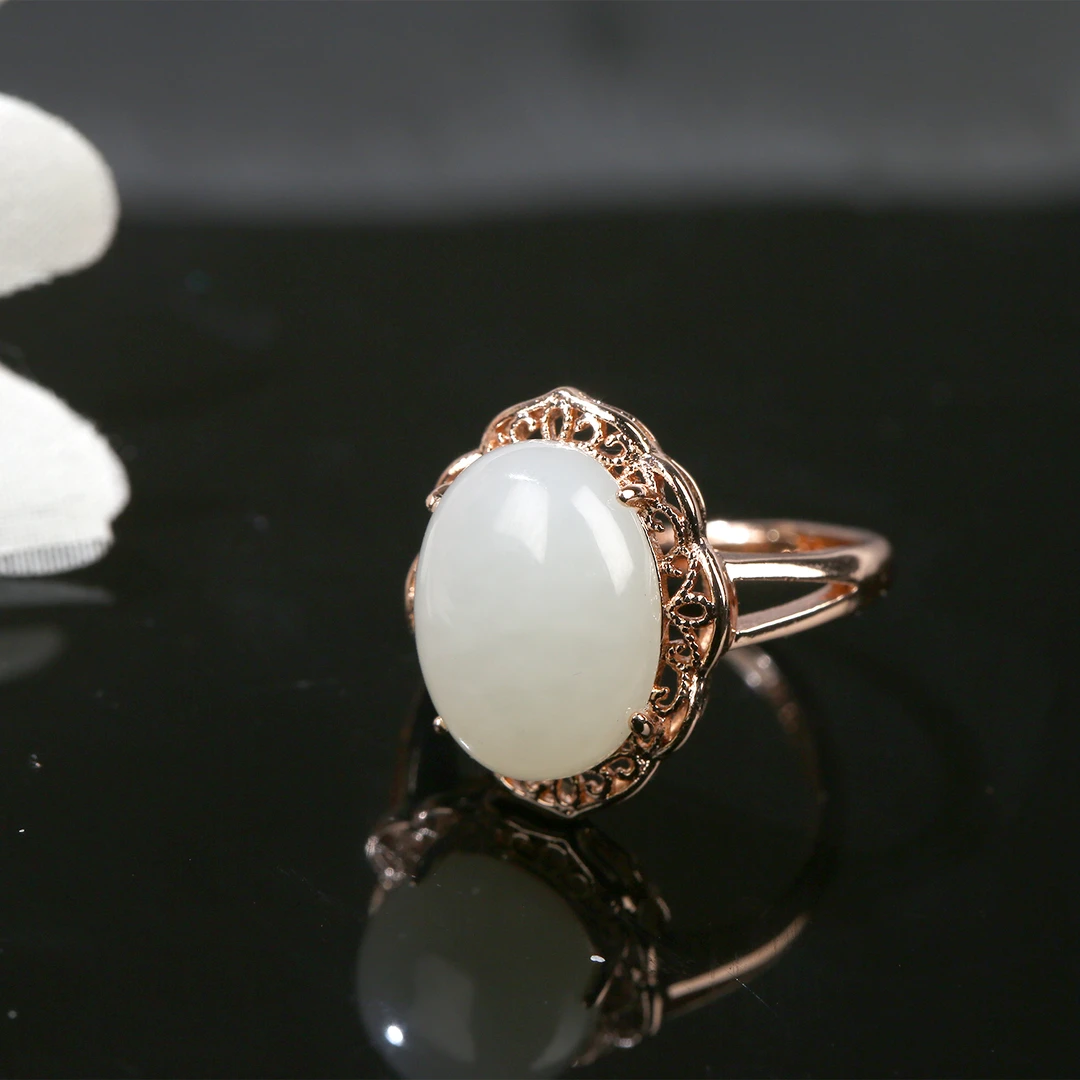 【麦子家族】天然和田玉蛋面戒指可调节精致百搭ETF0926