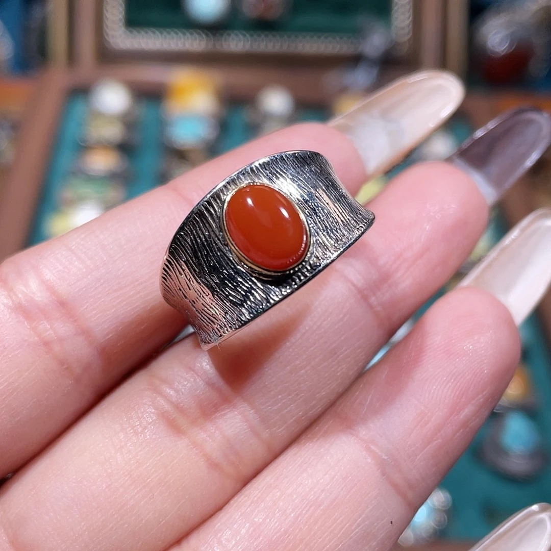 黑***张南红玛瑙银S925镶嵌戒指戒指