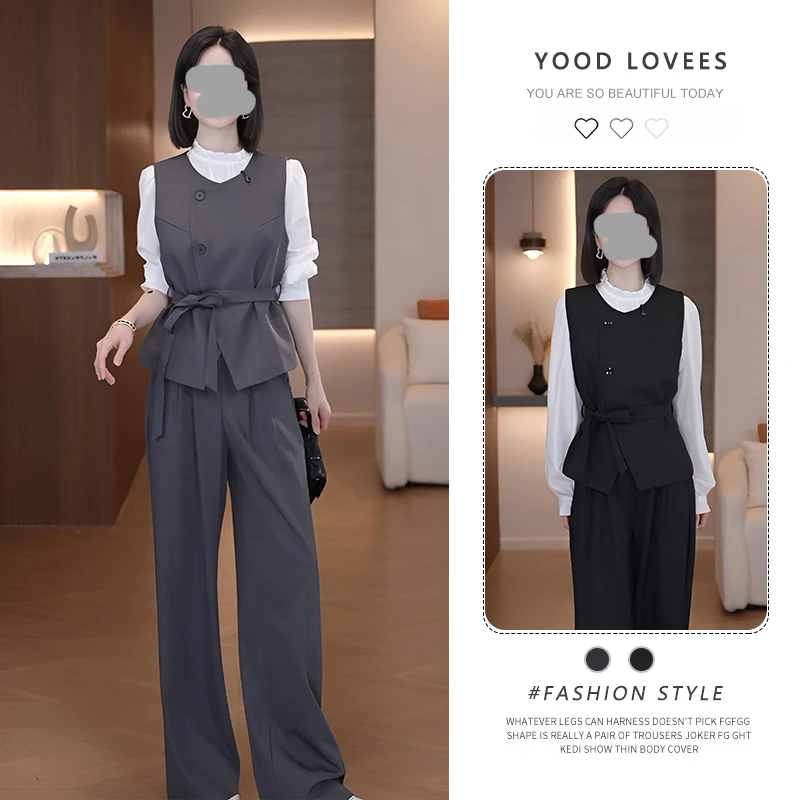 高级感时尚套装女春秋新款洋气显瘦长袖花边衬衫马甲阔腿裤三件套