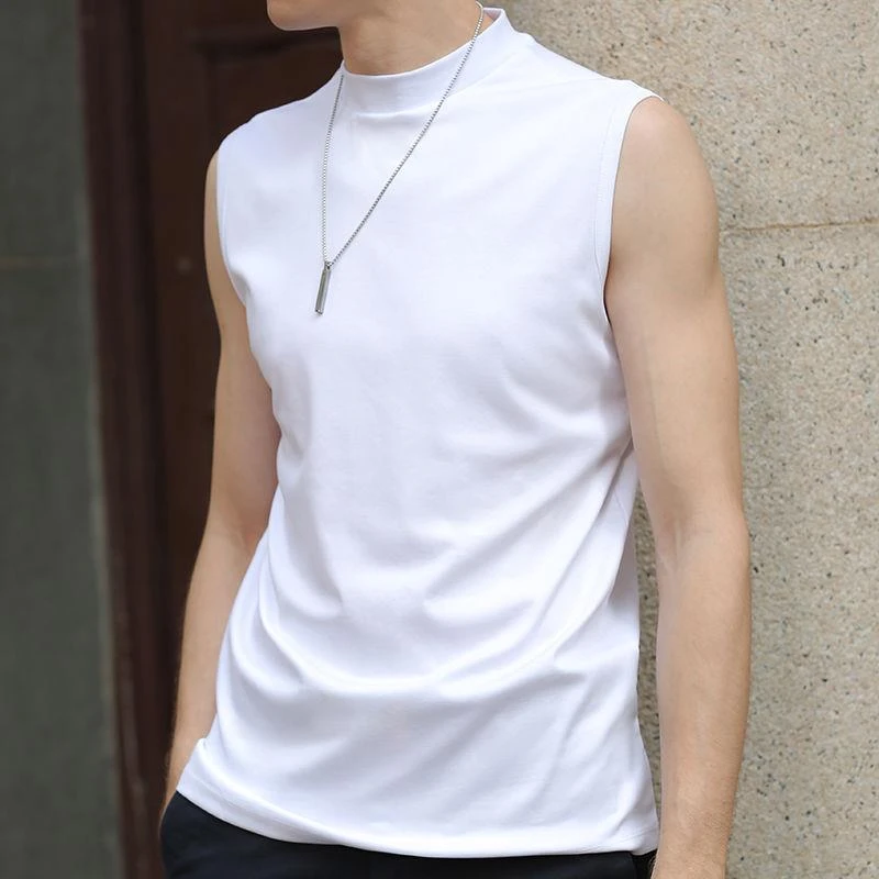 FAVMARTHA无袖T恤男潮牌坎肩外穿纯色汗衫 双丝光棉夏季冰丝高领