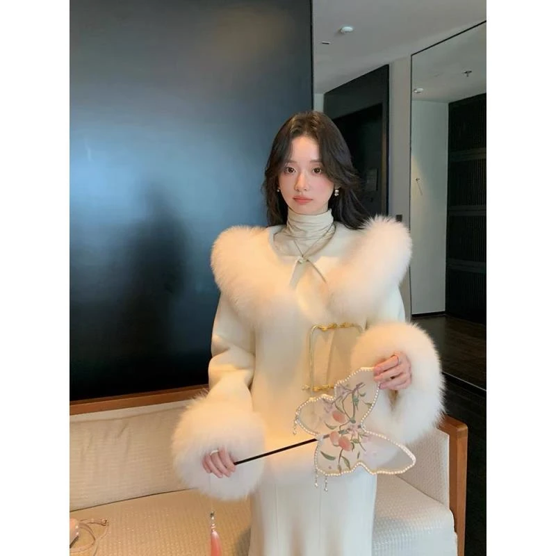 名媛国风天然狐狸毛毛领大衣女秋冬季新款汉服风韵味双面呢外套