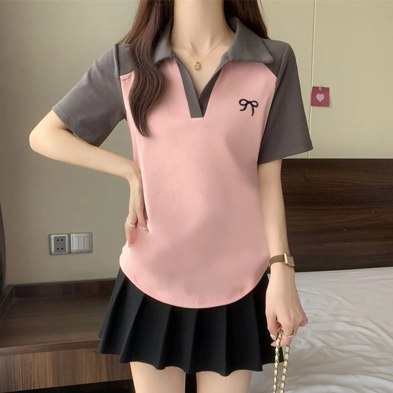 棉胖MM大码女装polo领撞色短袖T恤女夏新款遮肉显瘦甜美小众上衣