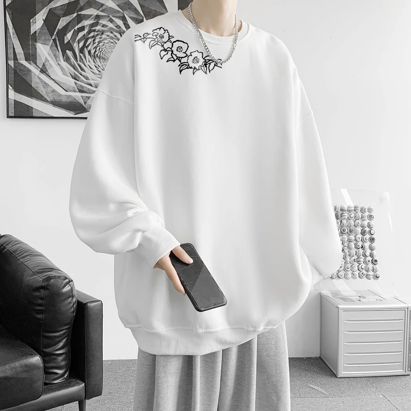 DeweLvum潮流百搭圆领长袖加绒保暖卫衣男高级感时尚休闲上衣男士