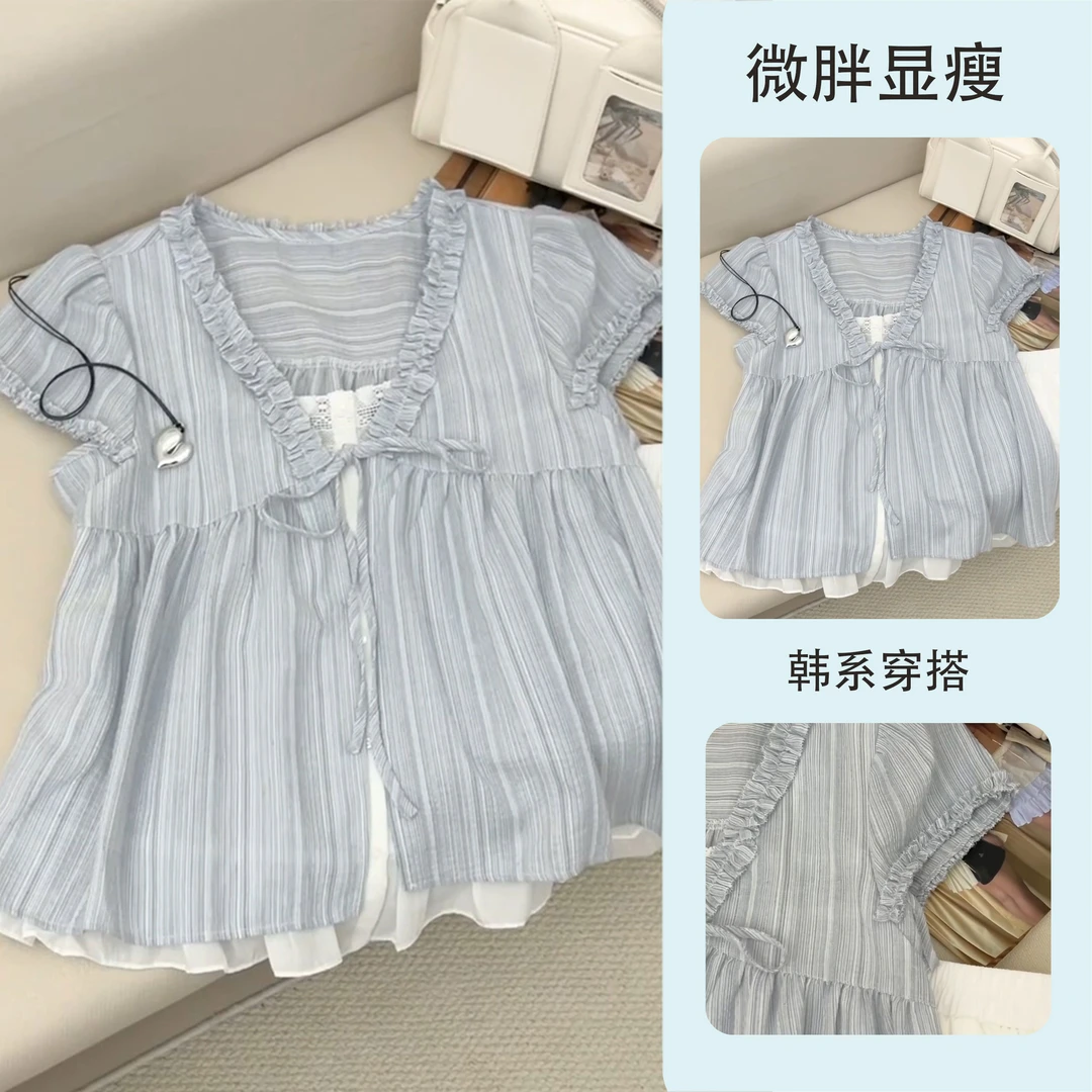夏日小清新假两件蓝色条纹系带短袖衬衫2025新款大码宽松显瘦上衣