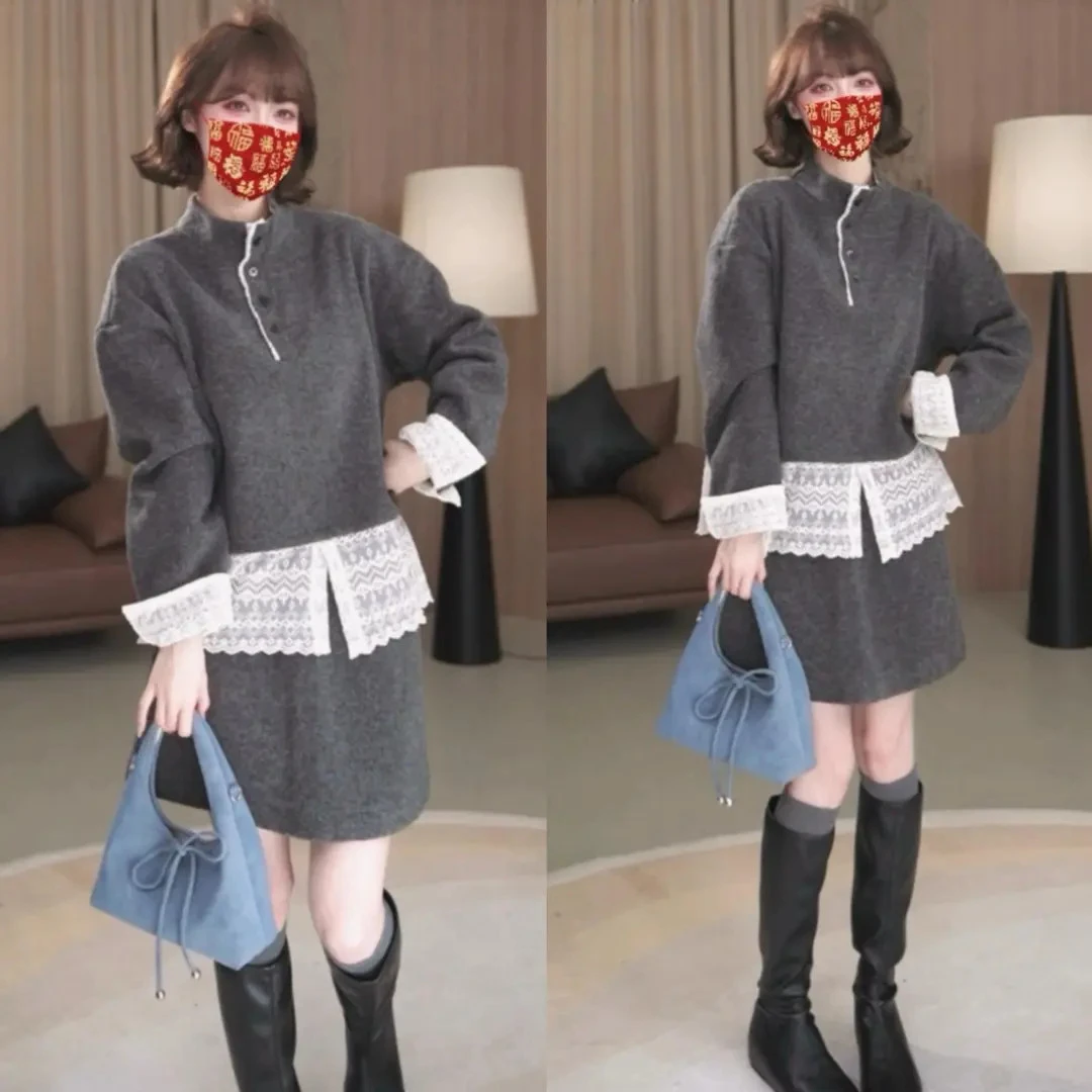设计半高领加绒卫衣拼接蕾丝下摆半裙显瘦套装秋冬两件套装女