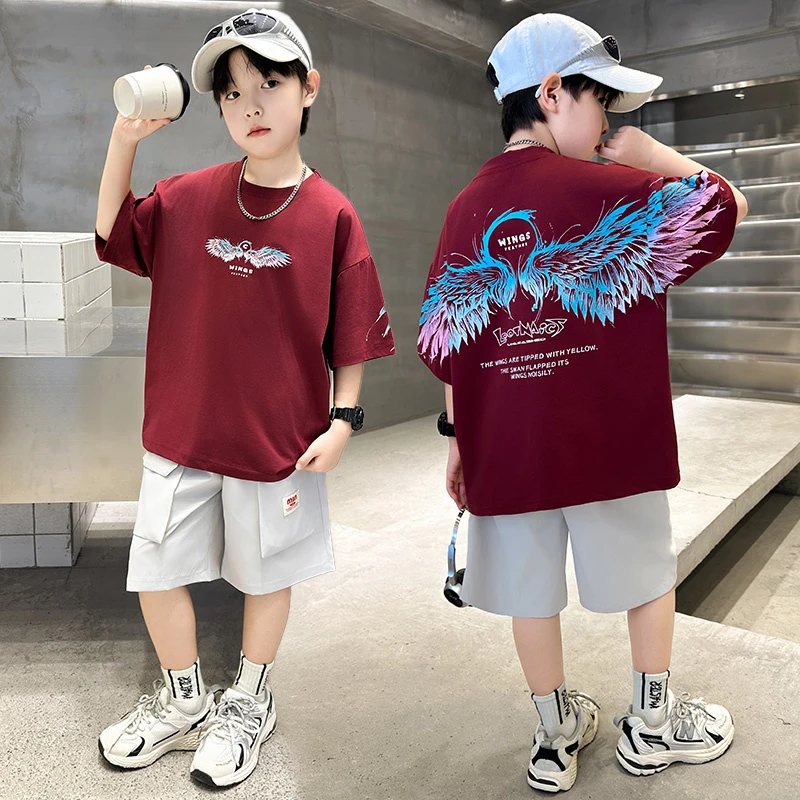2025夏季新款男童时尚翅膀印花T恤百搭休闲短袖上衣潮款
