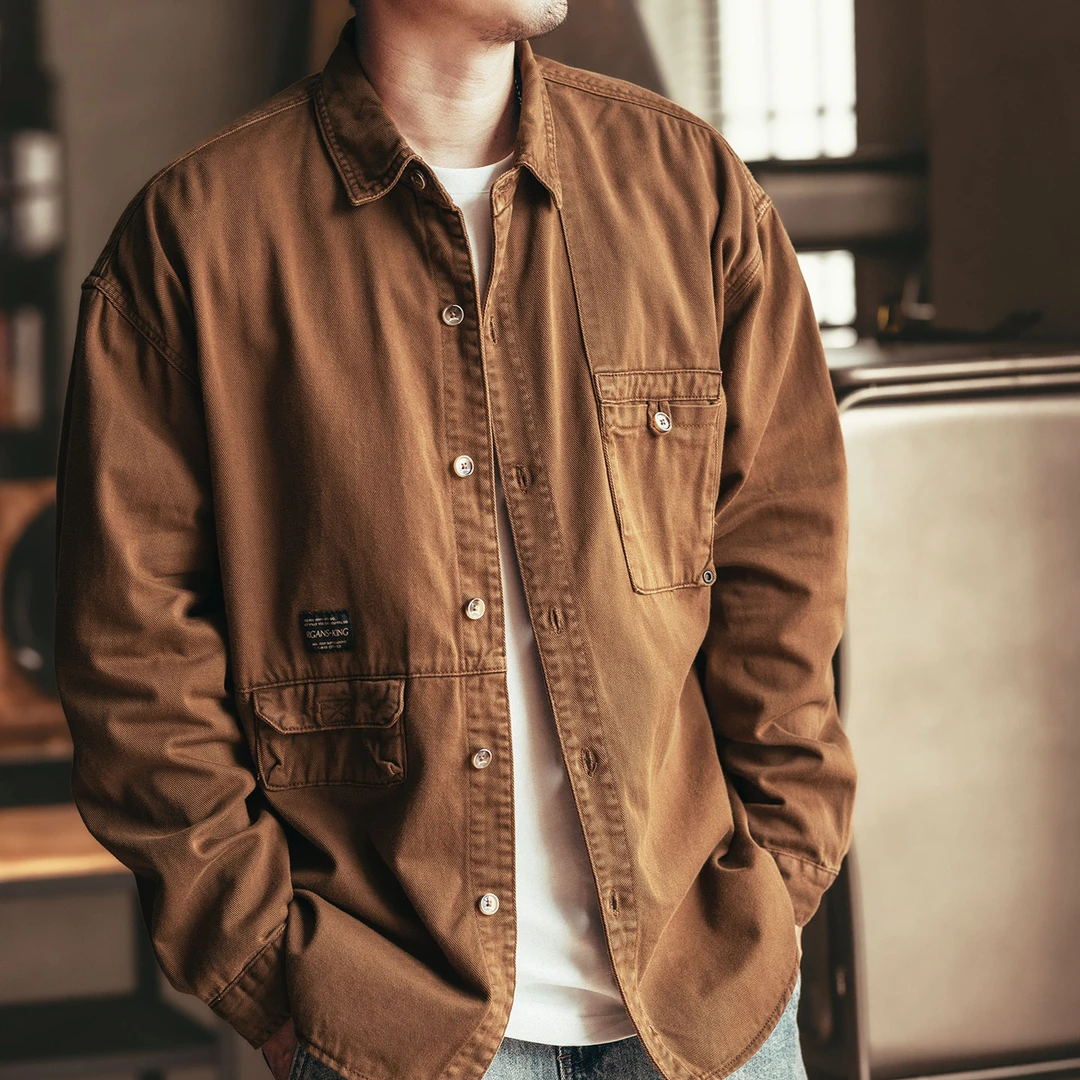 格蓝鹿高端复古牛仔夹克男秋季潮牌宽松休闲工装衬衣长袖廓形衬衫