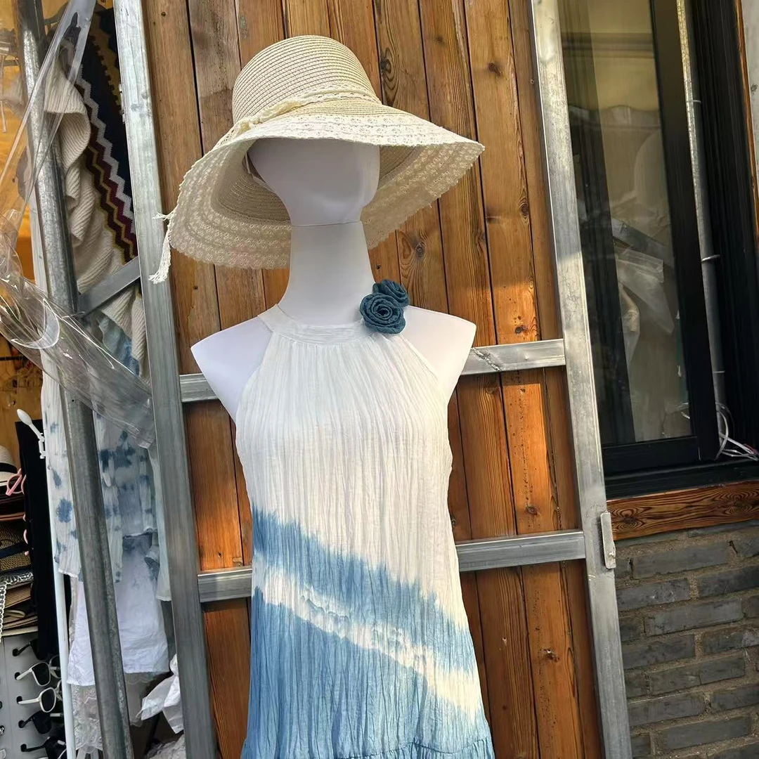 栀子扎染 玫瑰丝质长裙