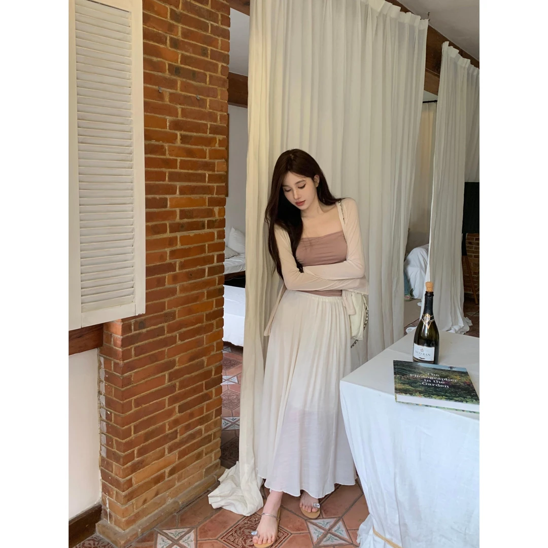 实拍 新中式国风禅意温柔三件套内搭吊带防晒开衫外套棉麻半身裙