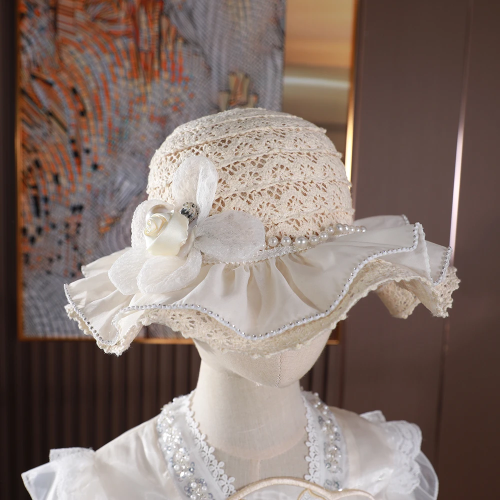 童一密度【蕾丝镂空遮阳帽】女童新款仿珍珠蕾丝花边遮阳帽B072