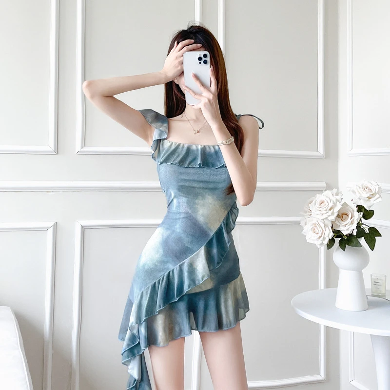 泳衣女款高级感扎染蓝色辣妹风连体裙式遮肚显瘦保守泡温泉