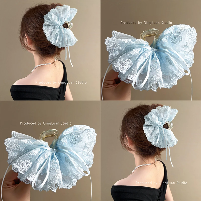 淡颜氧气~超仙蕾丝裙摆花朵抓夹韩系蓝色四叶草蝴蝶结盘发鲨鱼夹