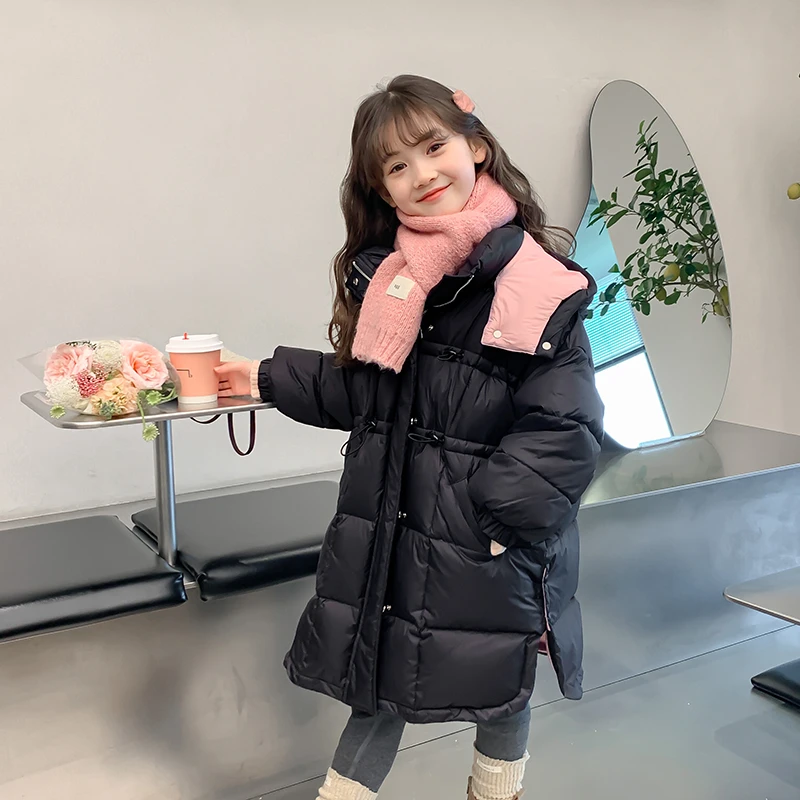 女童黑色冬装外套2025新款中长百搭羽绒服加厚外套中长款DY123