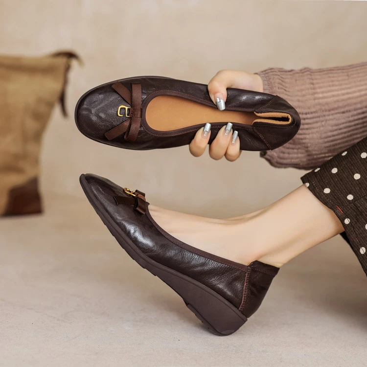 3.5cm 通勤休闲简约风百搭舒适软底单鞋春季复古时尚圆头浅口单鞋