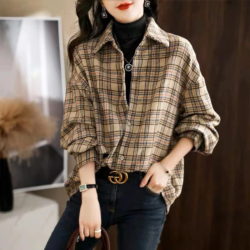 宽松设计感遮肚子上衣长袖翻领排扣衬衣外套文艺复古港风格子衬衫