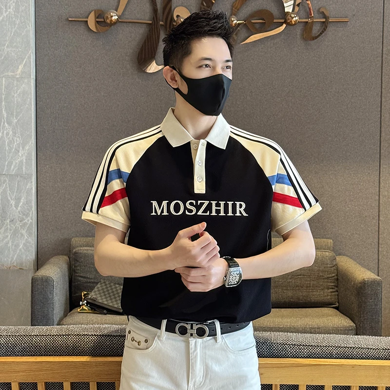 2025夏季新款男士POLO衫撞色翻领时尚刺绣拼接轻奢潮流百搭帅气