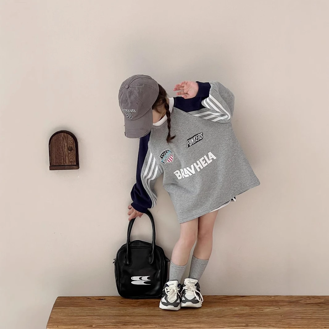 女童韩版宽松休闲字母长款卫衣春装新款儿童撞色圆领上衣洋气短裤