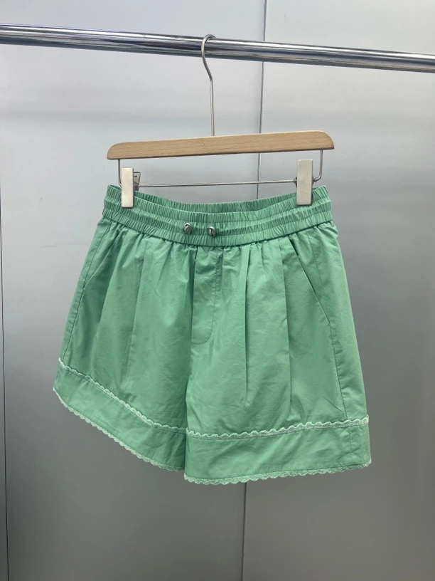 高腰蕾丝边拼接松紧腰显瘦短裤336093