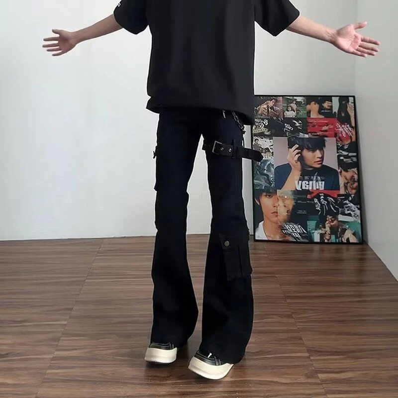 秋季黑色vibe绑带微喇工装牛仔裤男cleanfit美式高街修身喇叭裤子