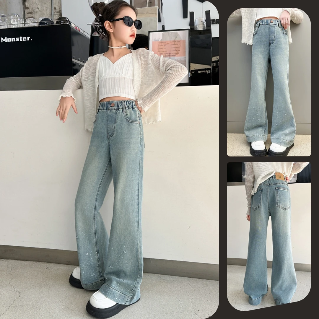 女童脚口烫钻蝴蝶牛仔喇叭裤子中大童儿童6-12岁时髦显瘦百搭潮款