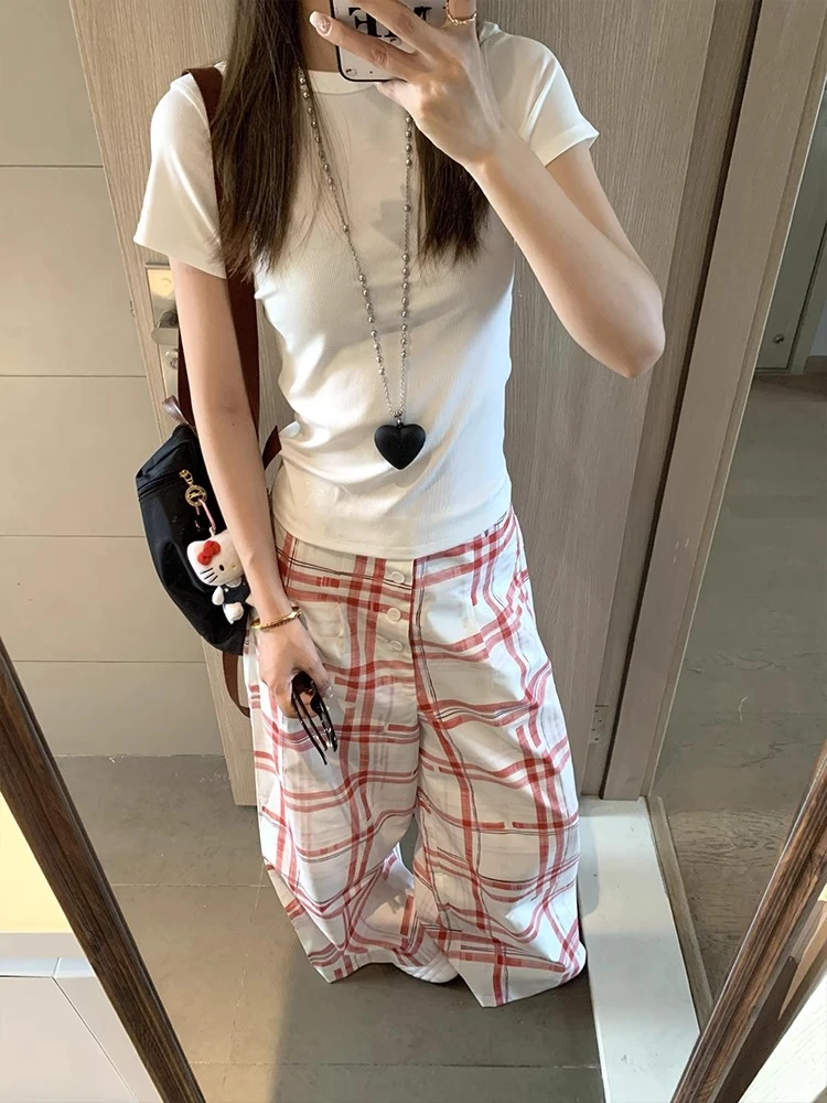 2025新款红色格子阔腿裤女夏季复古宽松慵懒风设计感直筒休闲长裤