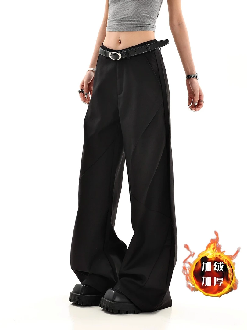 新款黑色西装休闲裤女装秋冬加绒加厚低腰长裤辣妹宽松阔腿喇叭裤