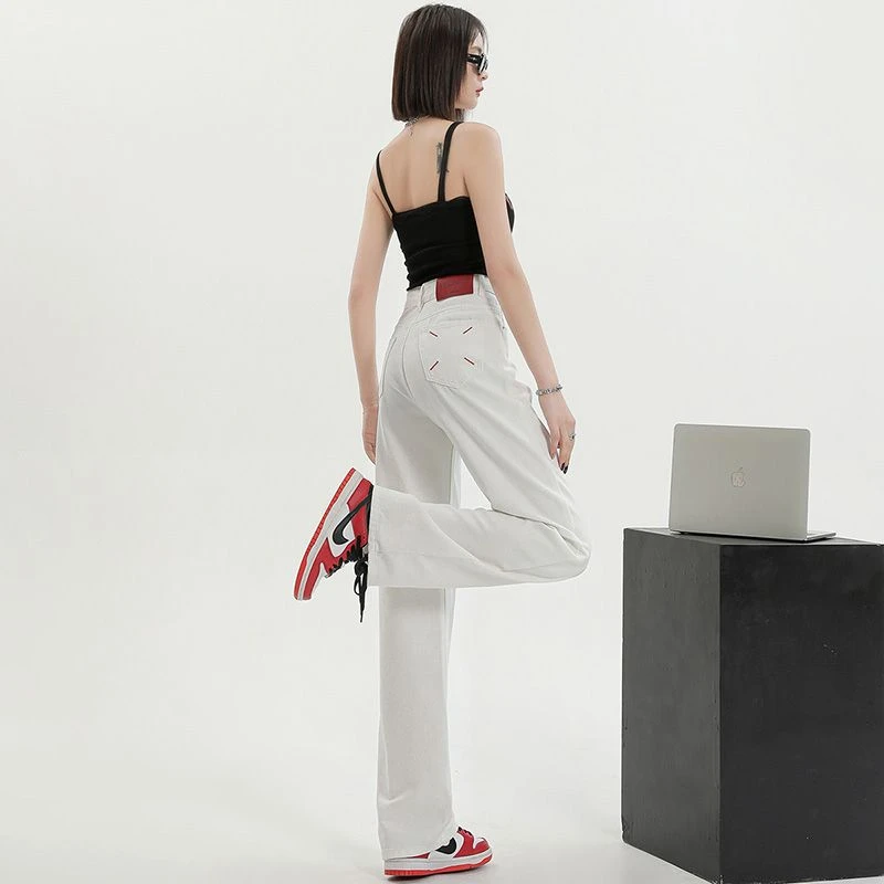 6448窄版阔腿白色牛仔裤女高腰小个子宽松直筒裤子