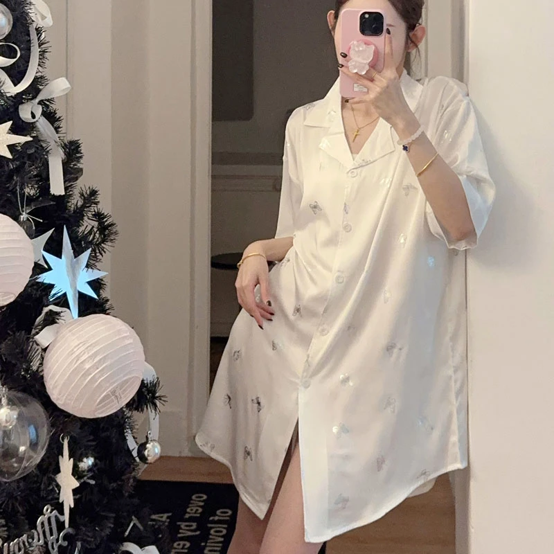 2025夏季凉感短袖开衫睡裙白色性感冰雪丝男友风衬衫领睡衣家居服