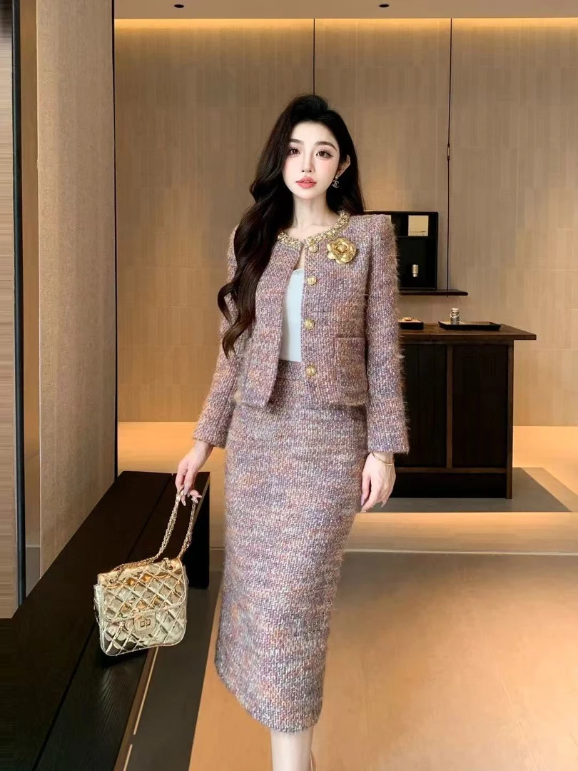 SS25869鎏金粗花呢高级感名媛气质小香风女秋冬2025新款夹棉套装