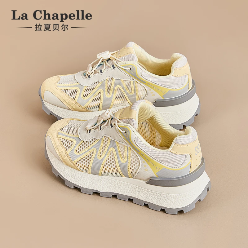 拉夏贝尔厚底增高德训鞋女2025夏季新款黄色网面透气运动鞋阿甘鞋