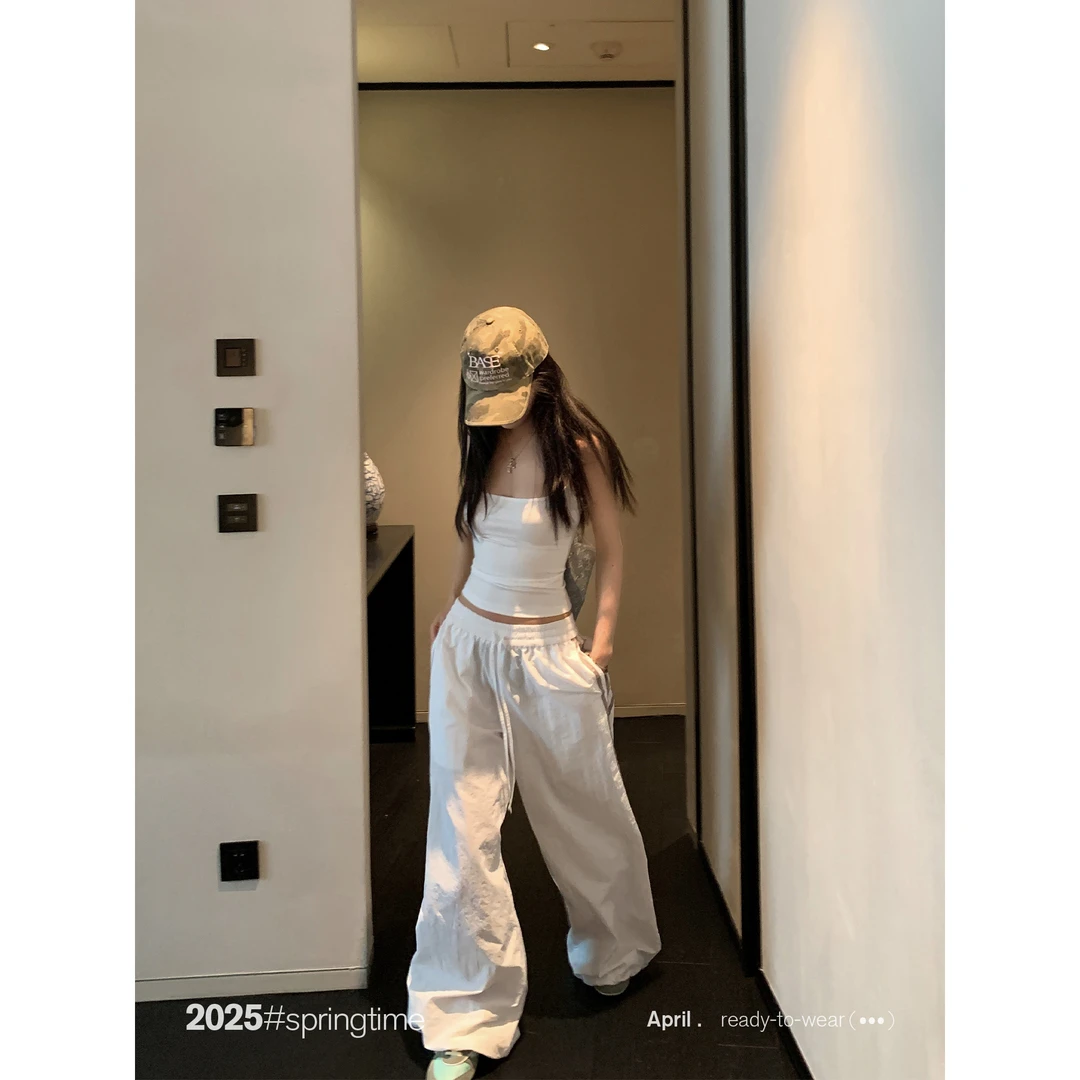 SUNONEONE 美式拼色宽松直筒休闲裤女夏韩版百搭运动裤子H1021K