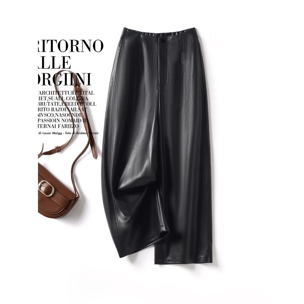 海宁真皮质感黑色绵羊皮阔腿裤女松紧高腰宽松八分皮裤显瘦直筒裤