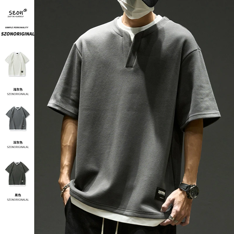 小v领男士T恤短袖夏季商务休闲半截袖上衣宽松重磅纯棉假两件款