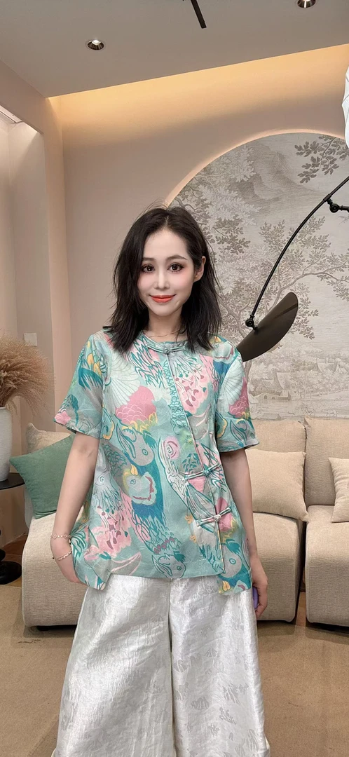 【禾禾家】”凤羽鱼麟“夏季新款新中式国风斜襟短袖66923-6