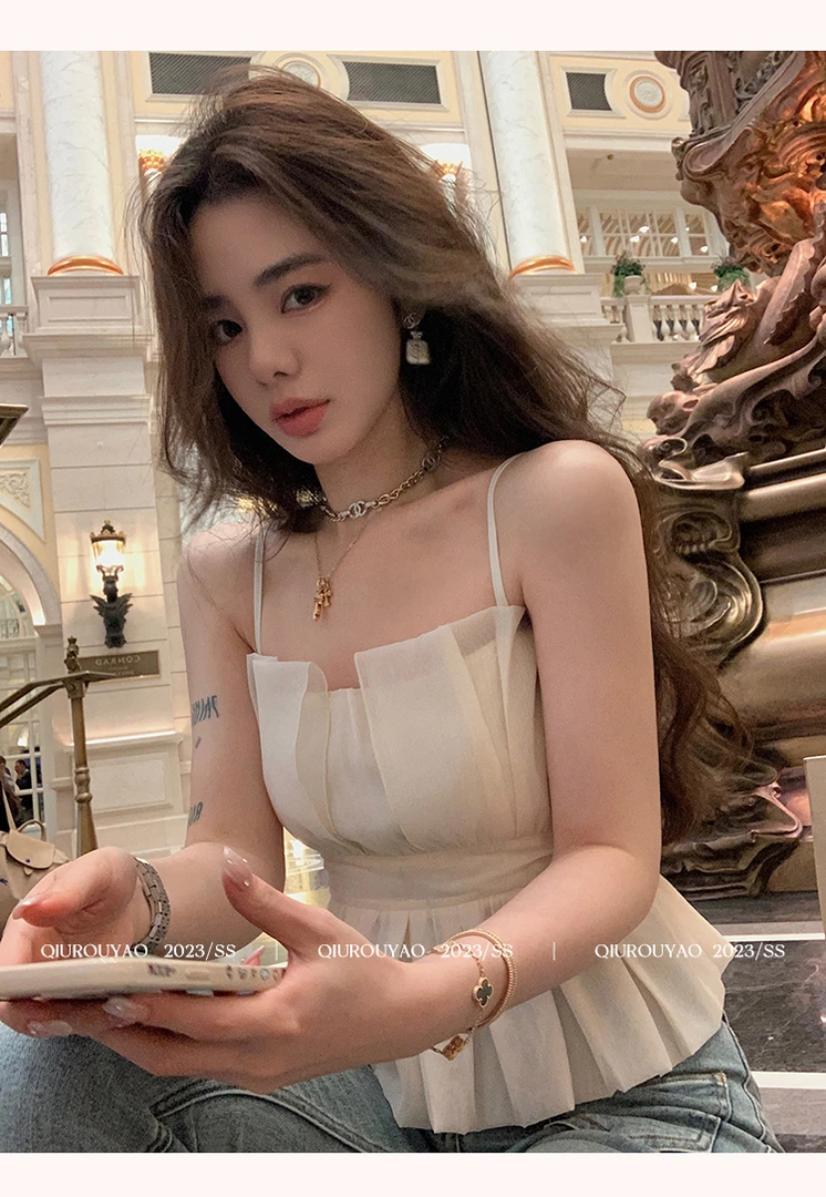 邱肉瑶 夏季新款欧根纱修身吊带背心小衫女甜辣风外穿无袖薄上衣