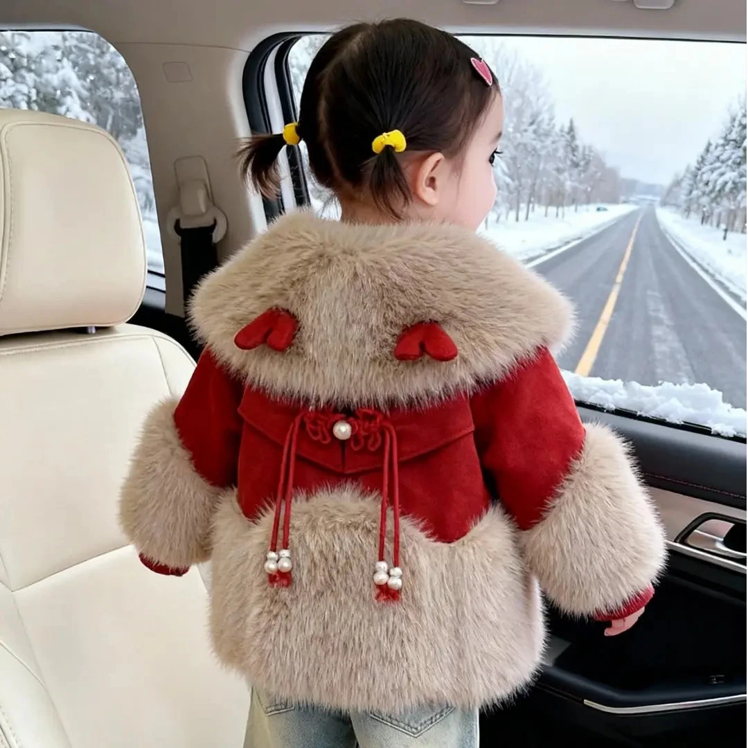 童装【断码】女童中国风纯色方领中长款棉袄韩版冬款毛毛领秋冬加绒