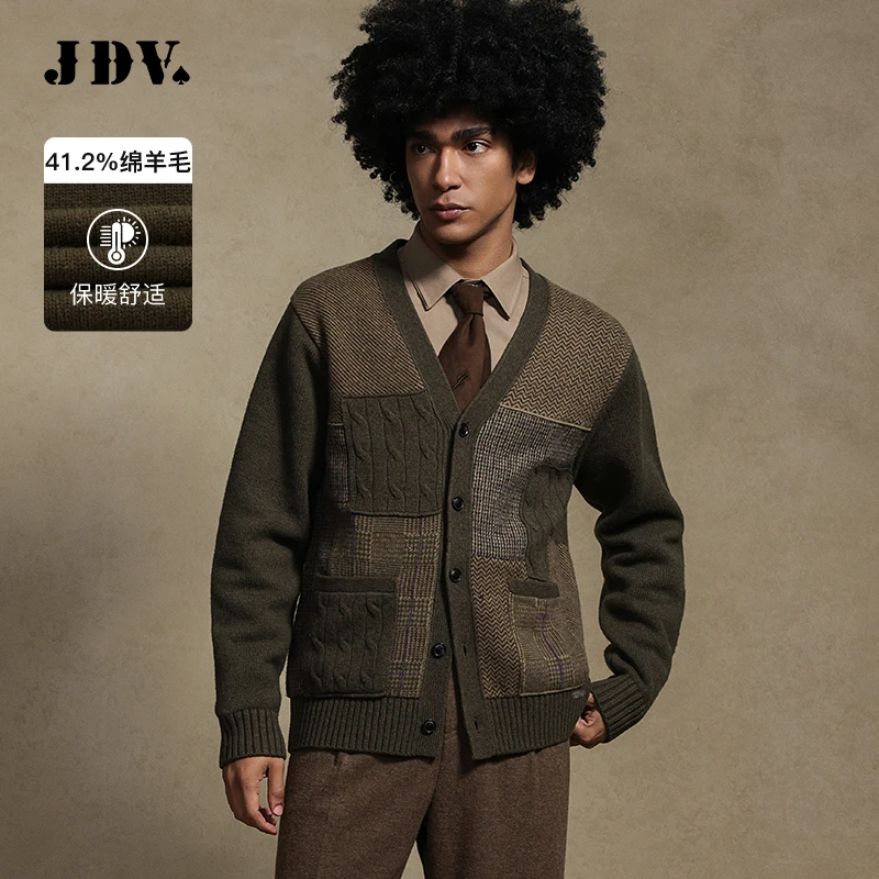 J.D.V商场同款秋冬新款格纹绵羊毛V领针织开衫长袖外套WYN4247