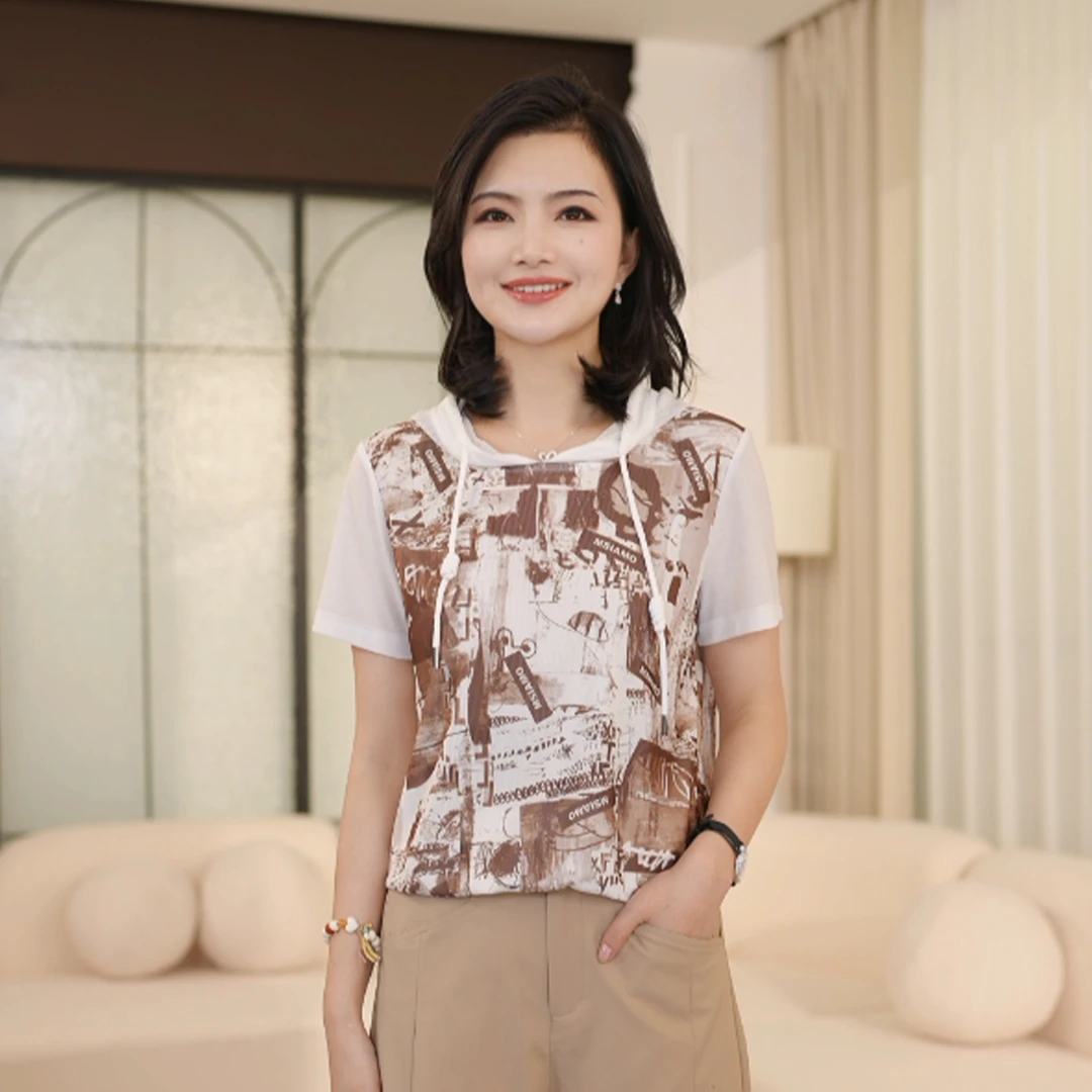 枫竺阿楠anan气质连帽抽绳弹力网纱印花轻薄女夏季套头衫短袖T恤