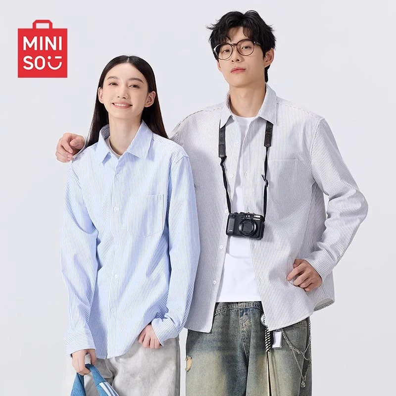 名创优品条纹衬衫男秋季浅蓝色牛津纺情侣装长袖古巴领衬衣外套