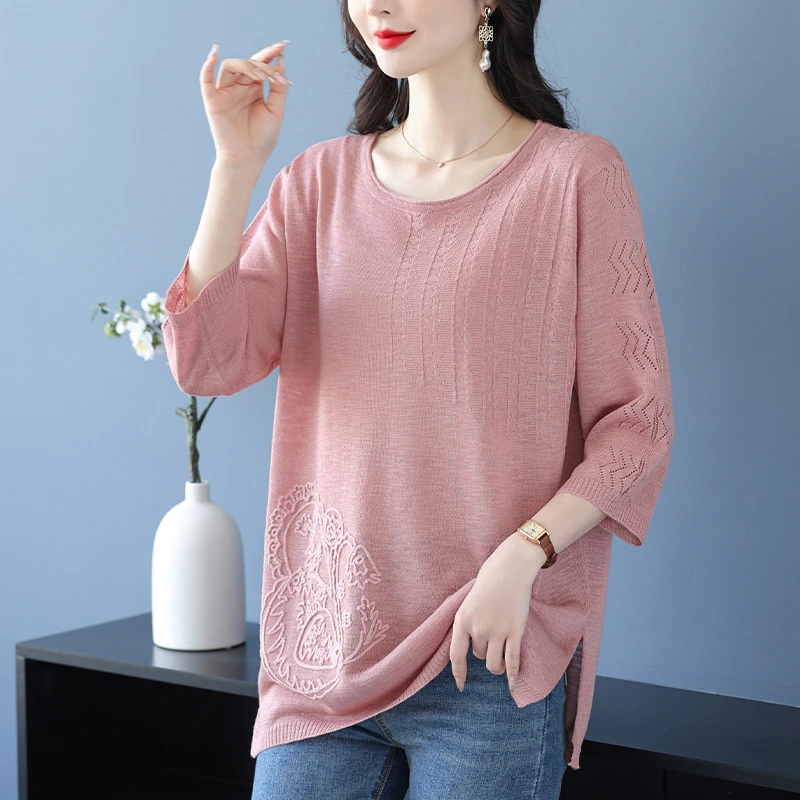 夏季大码中长款上衣女宽松遮肚显瘦洋气七分袖针织衫百搭中袖T恤