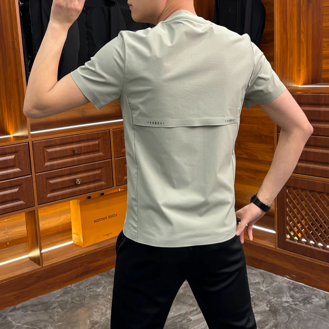 35035夏季新款2025镂空烧花工艺男士冰丝速干透气春夏简约修身T恤