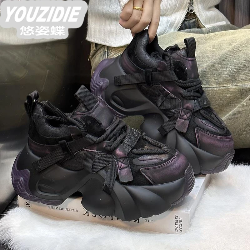 欧货真牛皮松糕老爹鞋女2025秋冬新款复古轻奢加绒厚底增高运动鞋