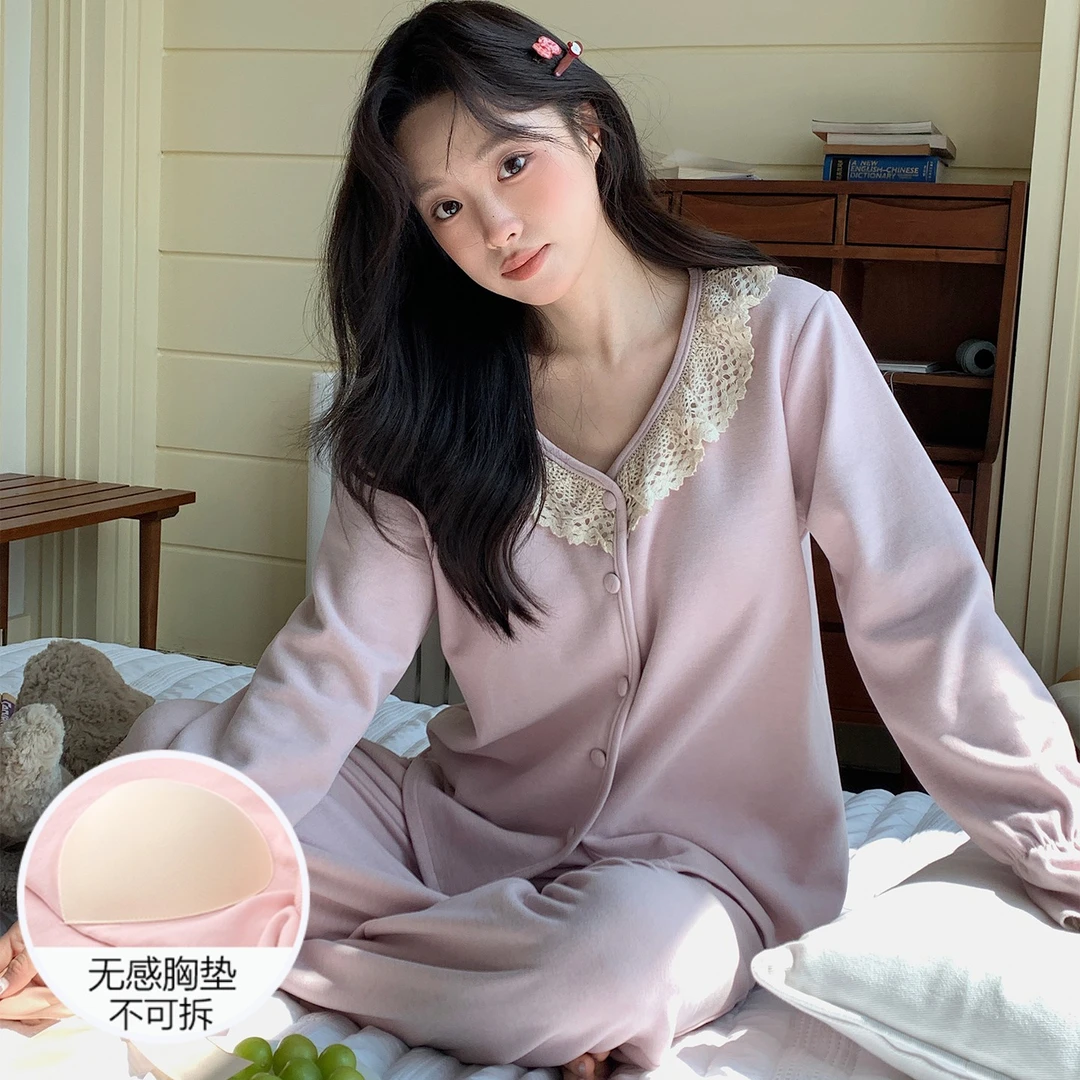 2025新款睡衣女士秋冬季长袖保暖带胸垫开衫时尚感紫色套装家居服