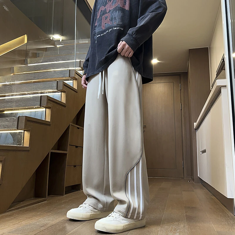 休闲裤子男2025春季港风潮流百搭新款显瘦直筒高街男士竖条纹长裤