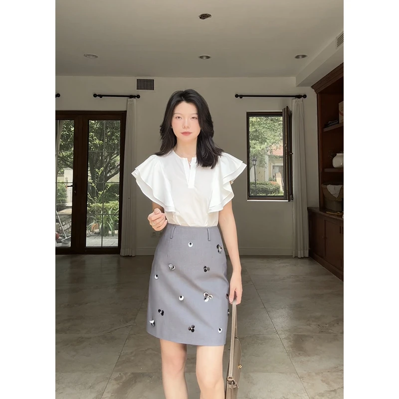 郭九九呢 100%棉气质设计感荷叶袖上衣显瘦a字半身裙 G925A07883