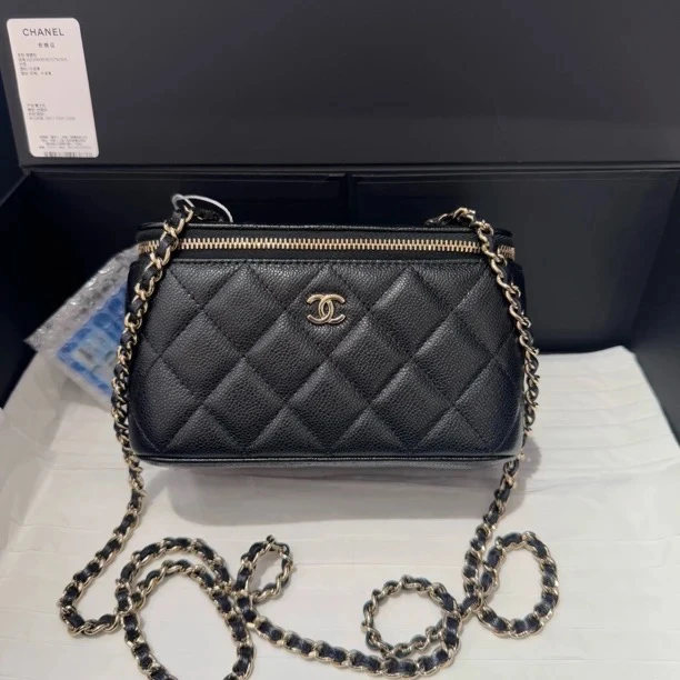 全新未使用 Chanel/香奈儿 黑金荔枝牛长盒子 芯片款 单肩斜挎包