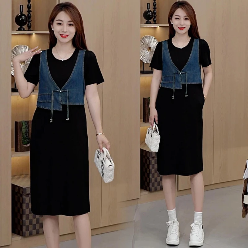 时尚气质假两件连衣裙女2025夏季新款洋气显瘦遮肉休闲拼接中长裙
