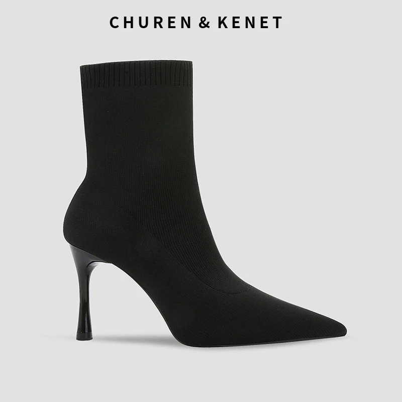CHUREN&KENET小CK尖头弹力袜靴短靴细跟高跟鞋女靴春秋单靴瘦瘦靴