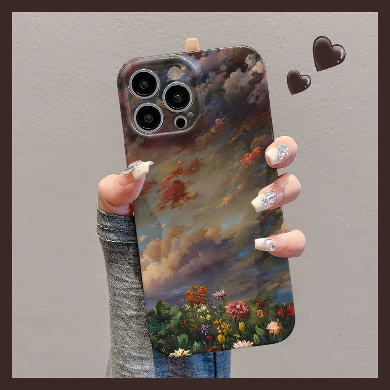 油画云彩花朵适用苹果16手机壳华为创意vivo全包小米15oppo菲林壳